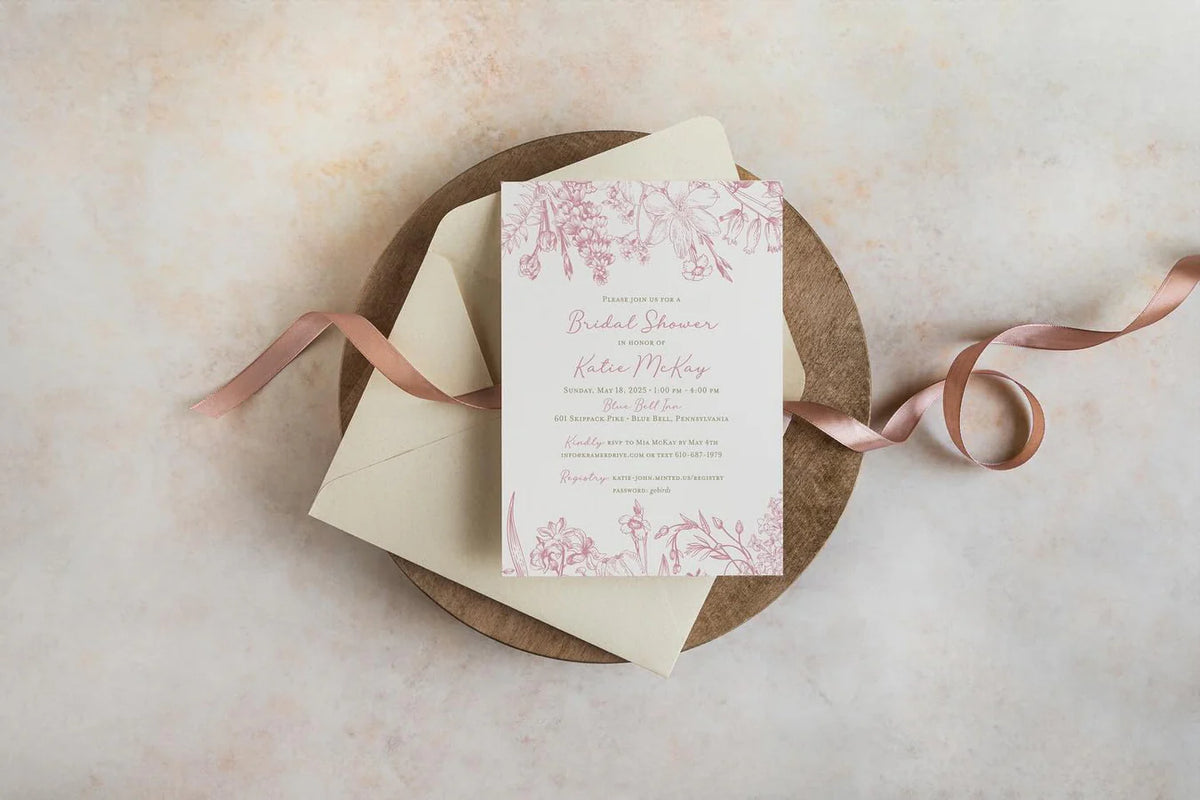 Pink floral bridal shower invitation with envelope