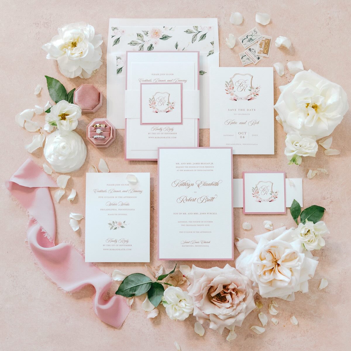 Pink floral wedding invitation suite with coordinating stationery