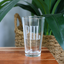 Clear glass with 'PHL' engraving on a wooden surface with plants in the background