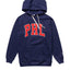Navy blue PHL Chenille Hoodie with red embroidered letters, drawstring hood, and front pocket