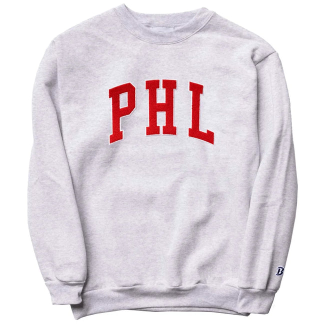Light gray crewneck sweatshirt with red chenille PHL lettering for Philadelphia sports fans Main image