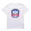 White cotton t-shirt with red and blue Philadelphia Liberty Bell graphic design featuring stars and banner