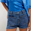 Person wearing a blue satin top and denim shorts with a plain background