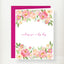 Greeting card with watercolor peonies in pink and peach tones, floral borders top and bottom, magenta envelope, centered tex…