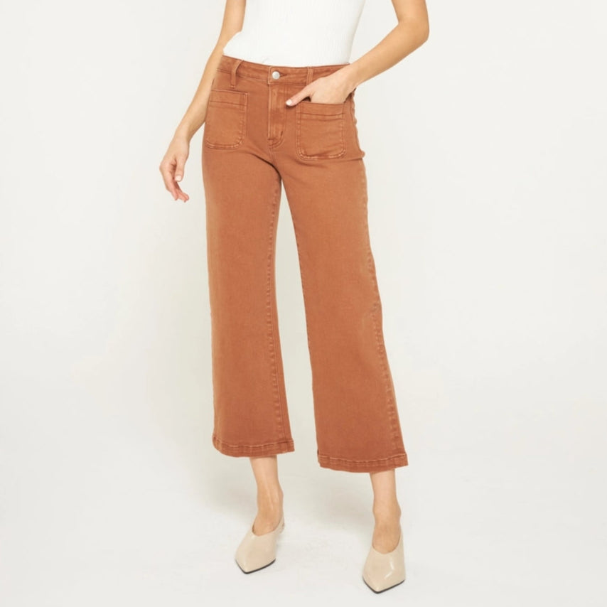 High Rise Patch Pocket Cropped Wide Leg Jean