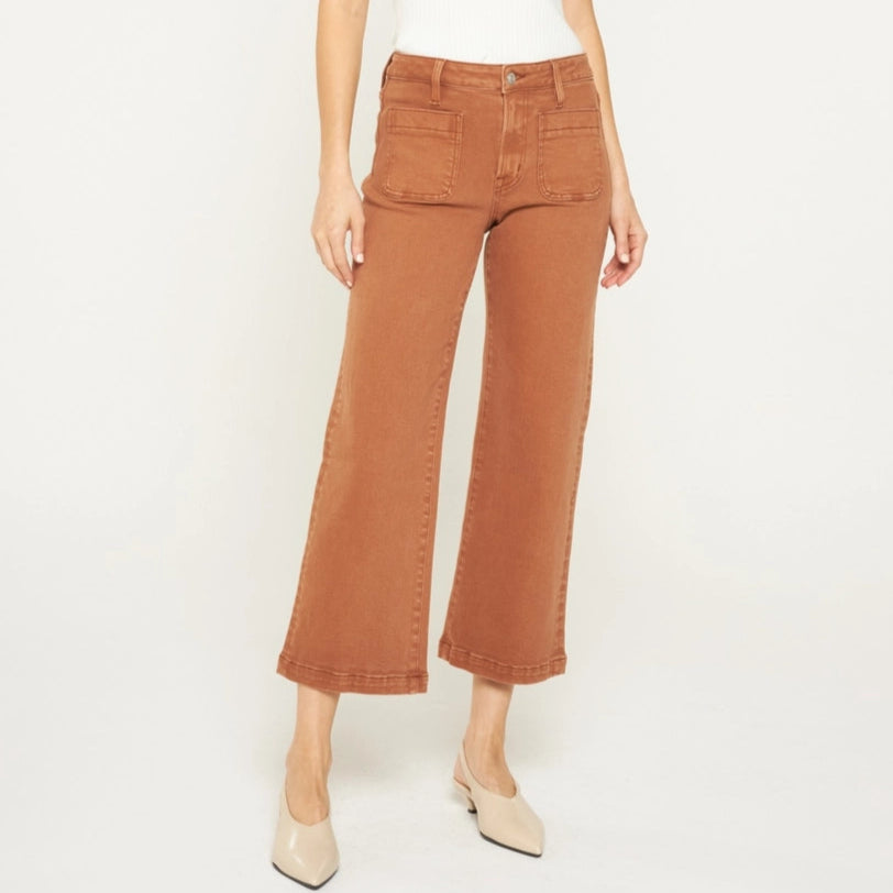 High Rise Patch Pocket Cropped Wide Leg Jean