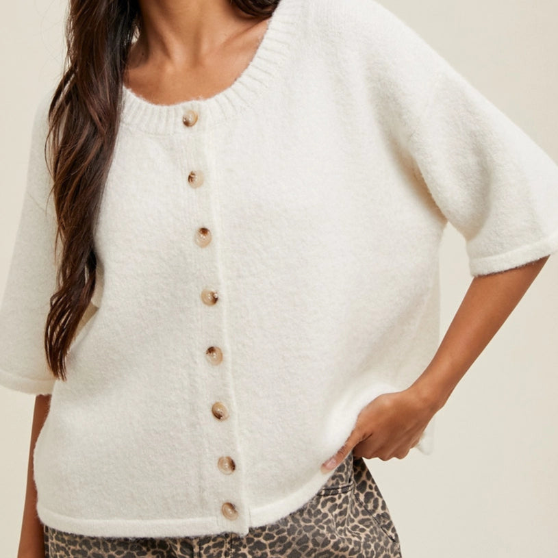 Brushed Half Sleeve Button Up Sweater