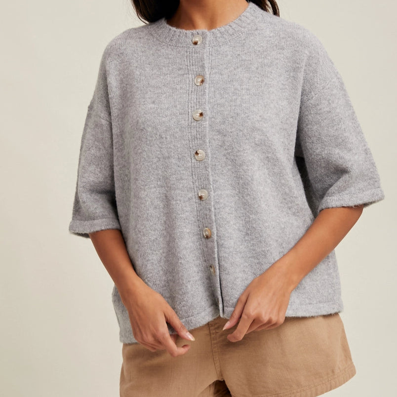 Brushed Half Sleeve Button Up Sweater