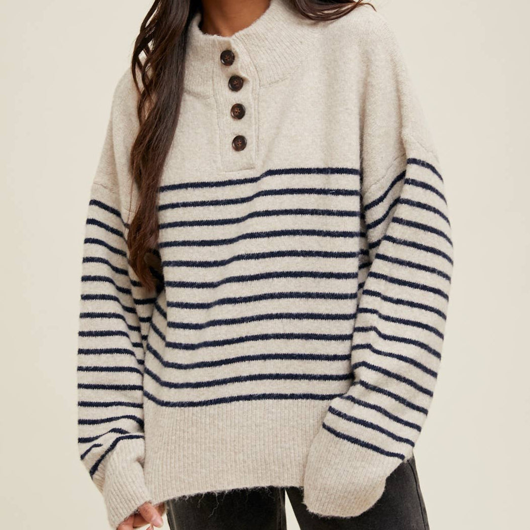 Brushed Striped Half Button Up Sweater