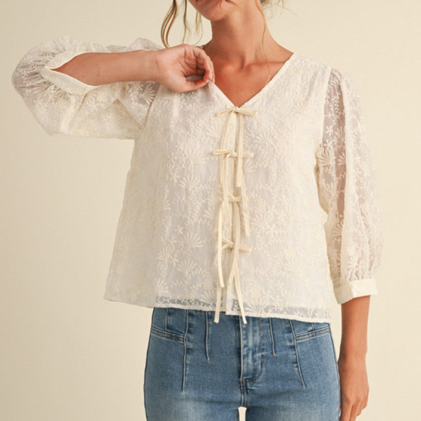 Lace Front Bow Tie Bubble Sleeve Top