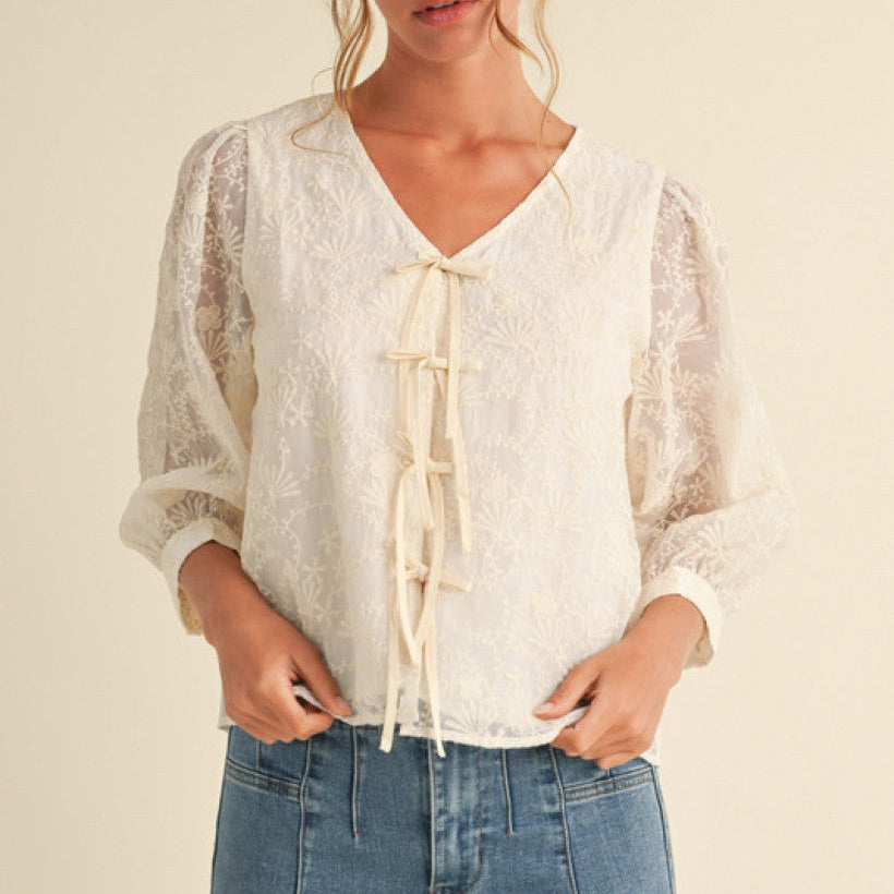 Lace Front Bow Tie Bubble Sleeve Top