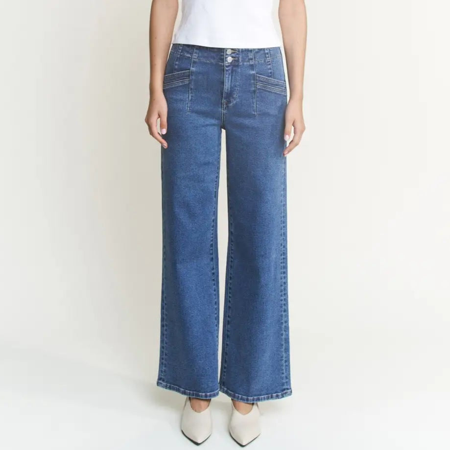 High Rise Double Button Wide Leg Jeans