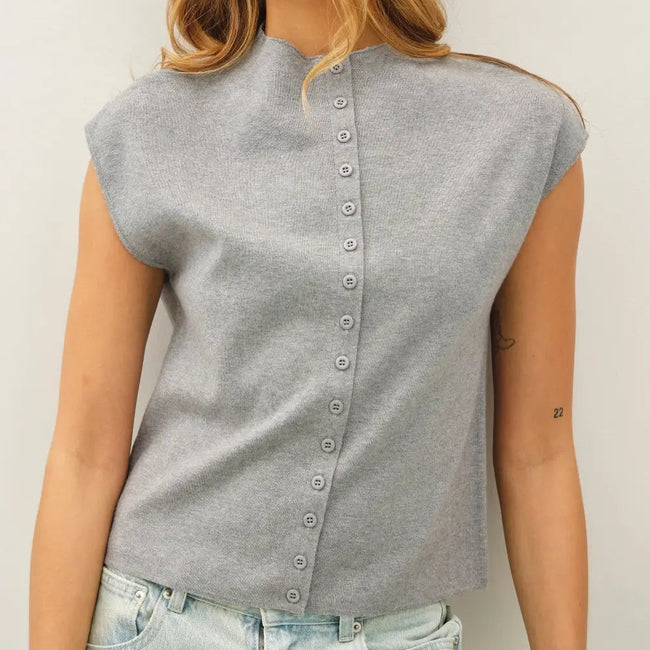Gray ribbed knit sleeveless top with button-back closure, worn with light blue jeans Main image