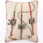 Handcrafted wool hooked pillow featuring fishing rods, hooks, and colorful tackle box designs on cream background with burgu…