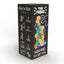 The Fuzzies tower stacking game with colorful smiling character pieces and black instruction box showing how to play steps