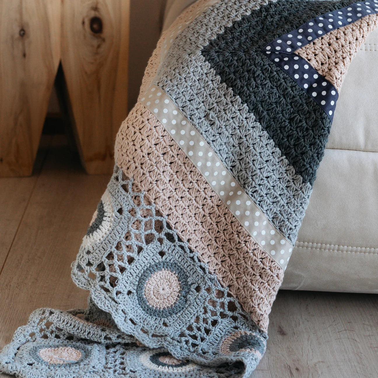 Grey and Cream Hand Crochet Blanket