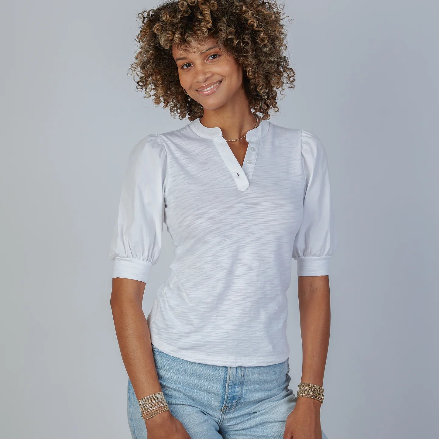 Kate Puff Sleeve V-Neck Slub Tee