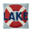 Lake Life Preserver Hook Pillow with red, white, and navy blue design on light blue background