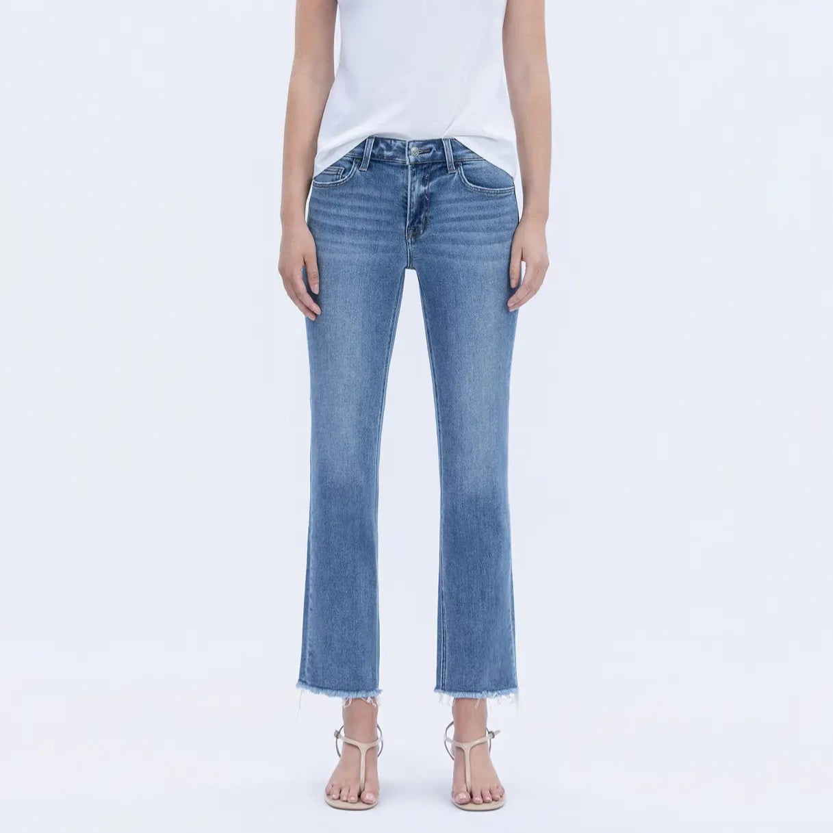 Mid Rise Crop Straight Raw Hem Jeans