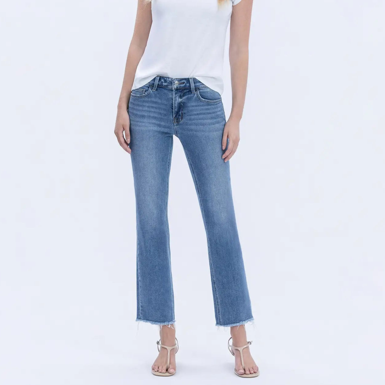 Mid Rise Crop Straight Raw Hem Jeans