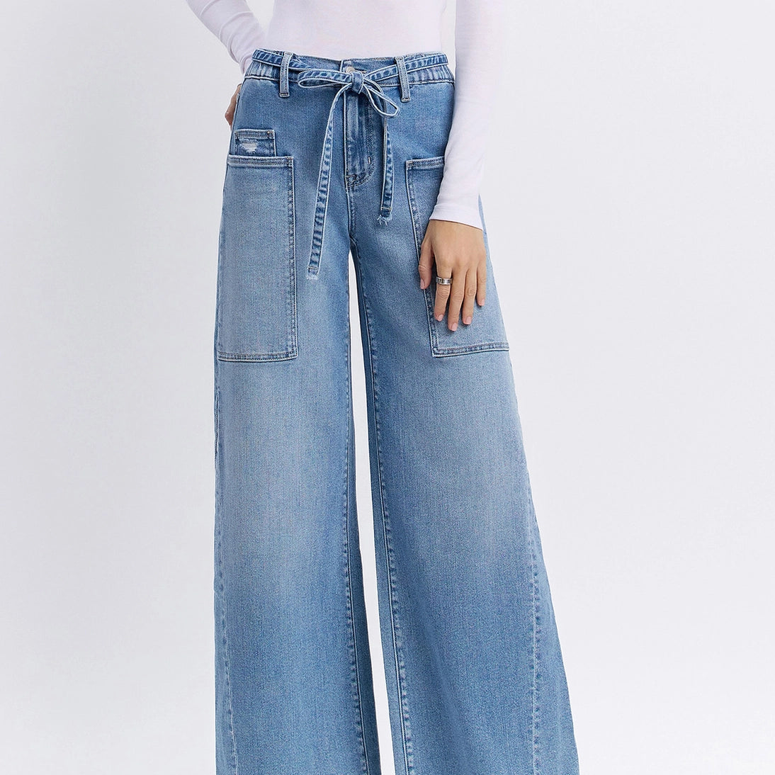 Tie Waistband Baggy Wide Leg Jeans