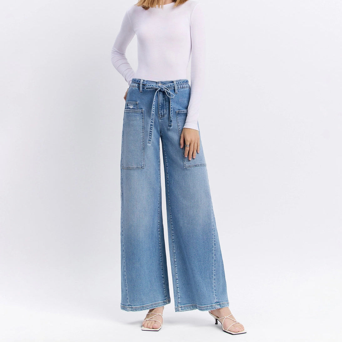 Tie Waistband Baggy Wide Leg Jeans