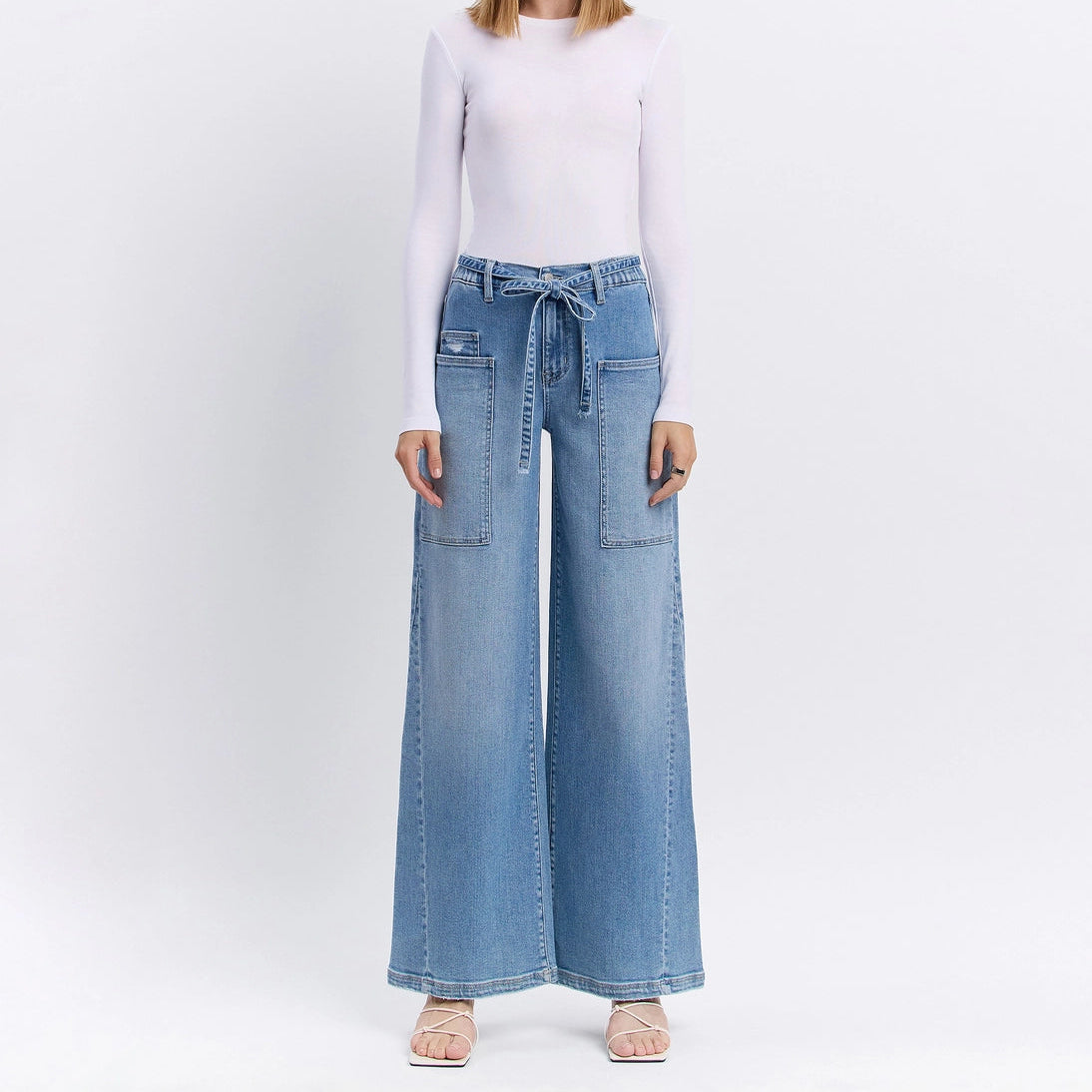 Tie Waistband Baggy Wide Leg Jeans