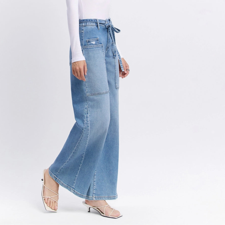 Tie Waistband Baggy Wide Leg Jeans