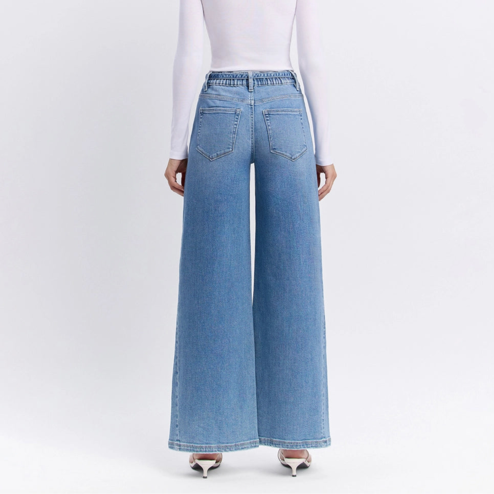 Tie Waistband Baggy Wide Leg Jeans