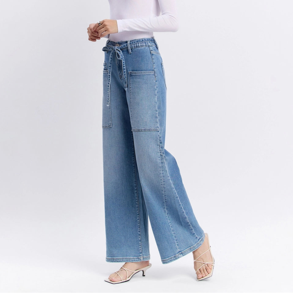 Tie Waistband Baggy Wide Leg Jeans