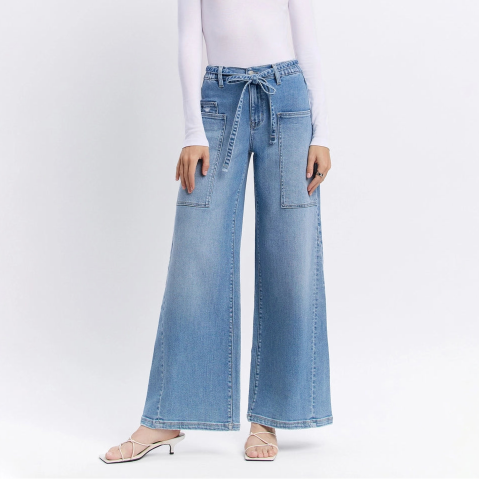 Tie Waistband Baggy Wide Leg Jeans