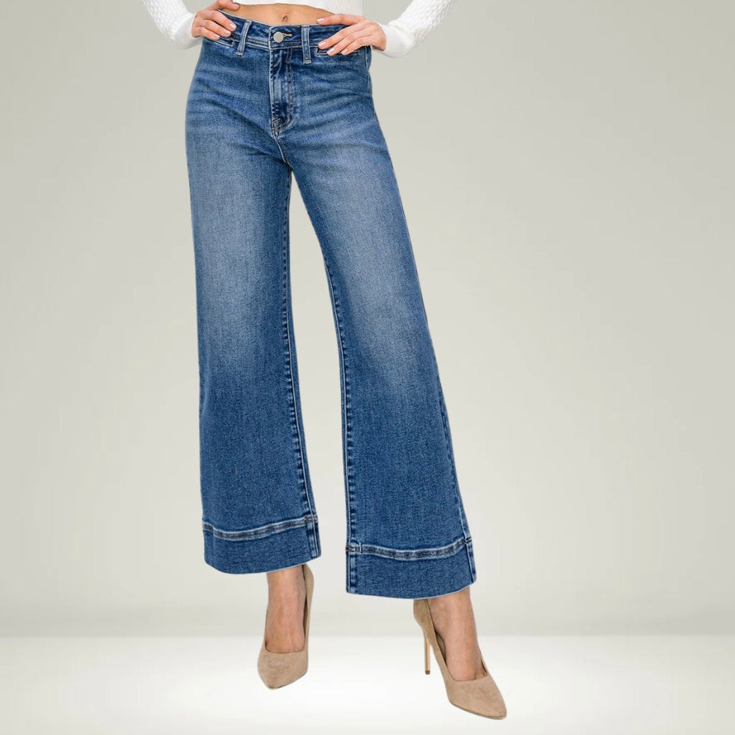 Risen High Rise Faux Cuff Hem Wide Jeans