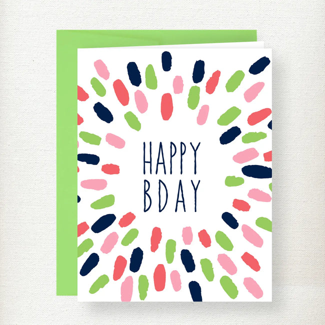 Colorful birthday greeting card with 'Happy Bday' text surrounded by hand-painted blobs in pink, green, navy, and coral Main image