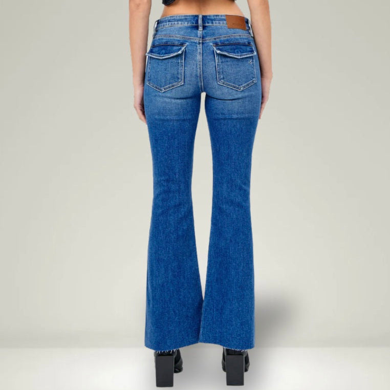 Hidden Happi Mid Rise Utility Pocket Flare Jeans