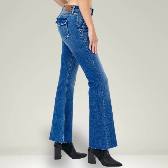 Hidden Happi Mid Rise Utility Pocket Flare Jeans