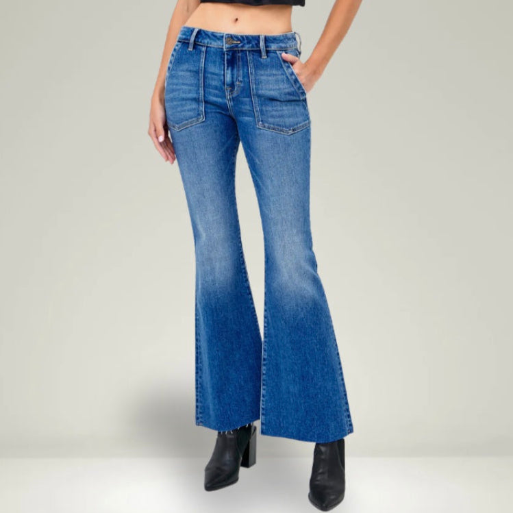 Hidden Happi Mid Rise Utility Pocket Flare Jeans