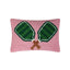 Pink hooked pillow with two green pickleball paddles outlined in white and brown stem detail