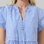 Woman wearing blue and white striped empire waist mini dress with short puffed sleeves and tiered ruffle hem