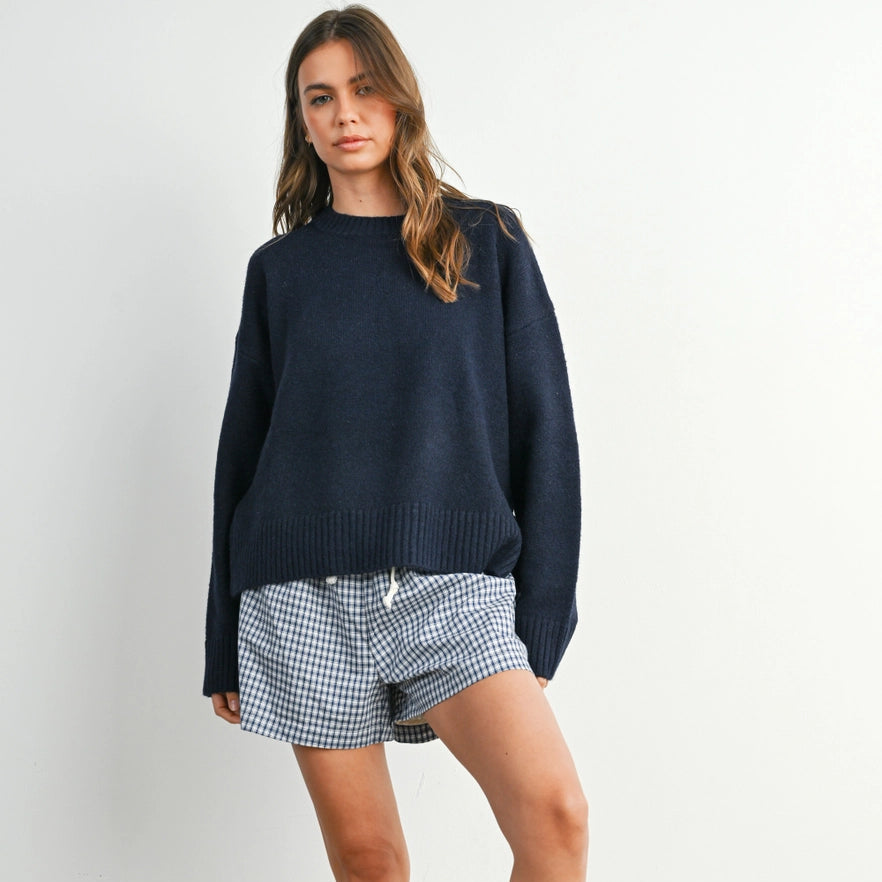 Tie Split-Hem Crewneck Sweater