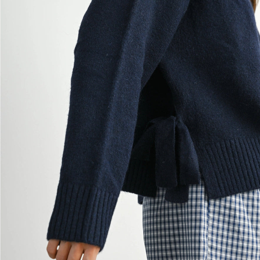 Tie Split-Hem Crewneck Sweater
