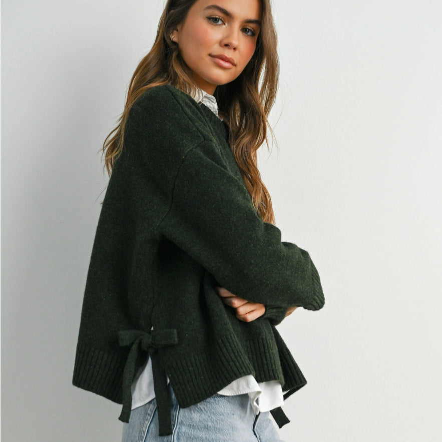 Tie Split-Hem Crewneck Sweater