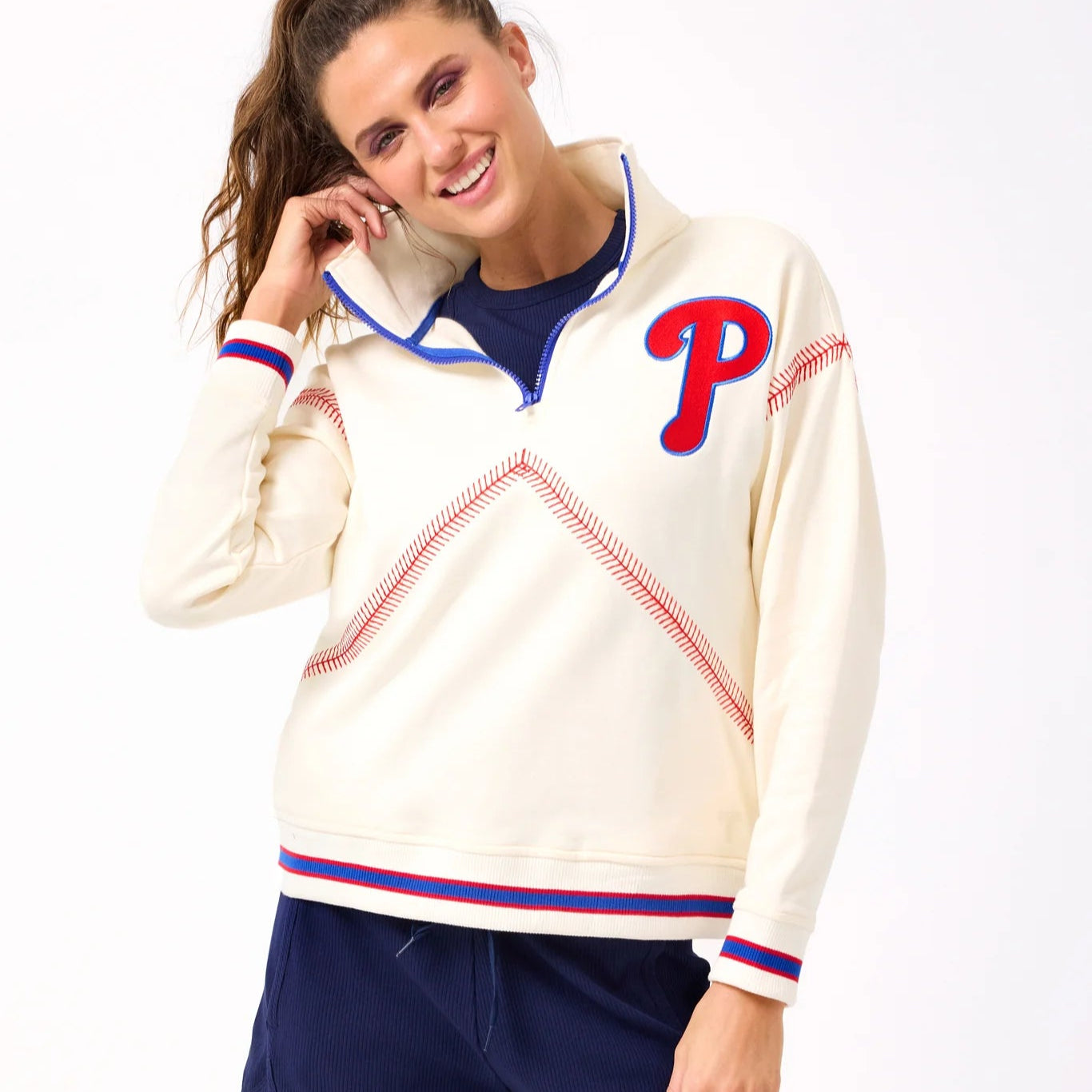 Terez Phillies Quarter Zip with Baseball Stitch