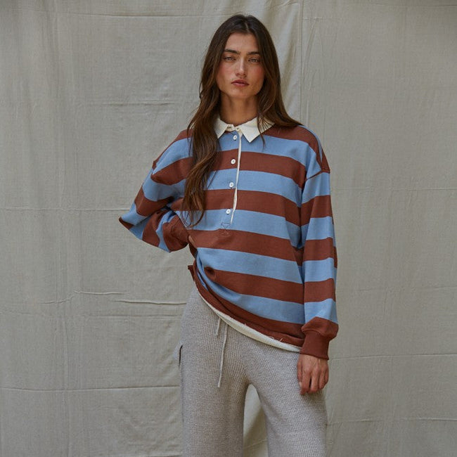 Knit Cotton Striped Collared Rugby Top Secondary image