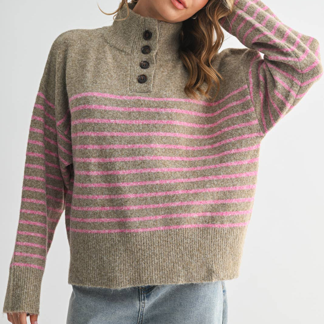 Brushed Striped Half Button Up Sweater