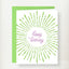 Sunburst Birthday Greeting Card with green radiating lines and purple happy birthday script text on white cardstock with gre…