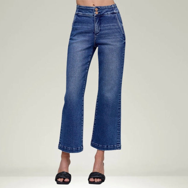 Tummy Control Double Button Cropped Boot Cut Jeans