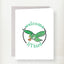 Green eagle in flight holding a football with welcome text curved around it in a circular design