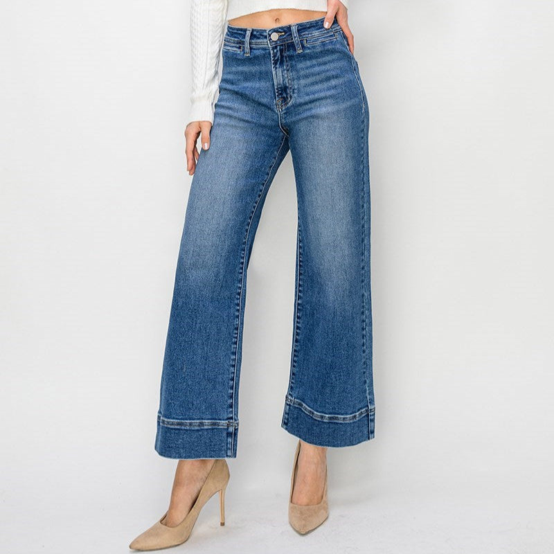 Risen High Rise Faux Cuff Hem Wide Jeans