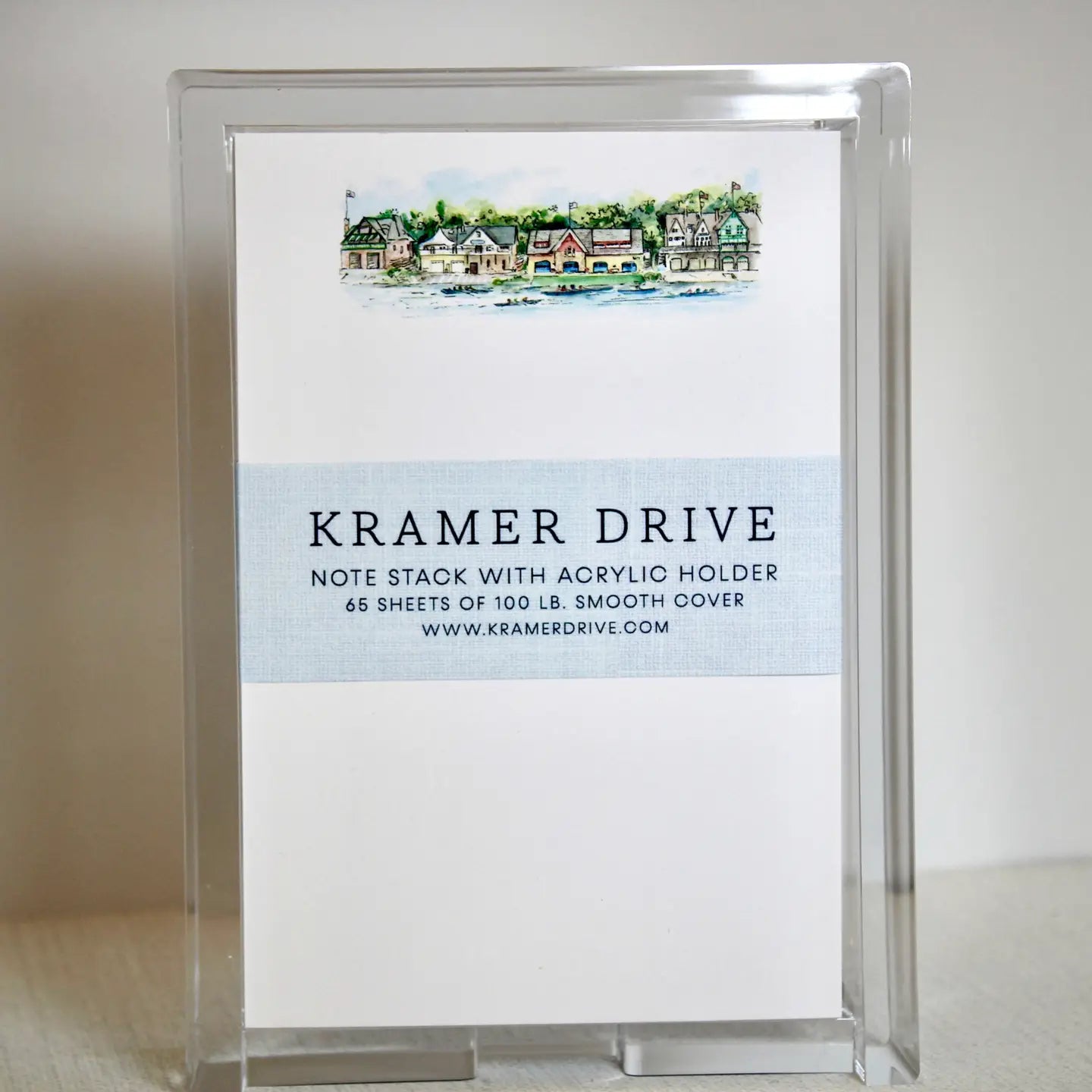 Boathouse Row Note Stack with acrylic holder featuring watercolor illustration of Philadelphia rowhouses on light blue band Main image