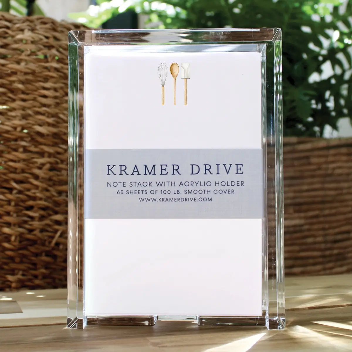 Kramer Drive baking tools note stack with acrylic holder featuring whisk, spoon, and spatula illustrations on white cover